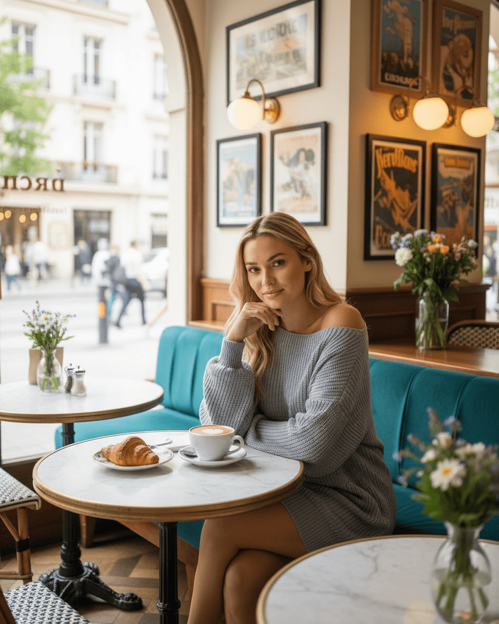 Woman in Glacier Mini Dress by Lauven sitting at a café table with a croissant and coffee.