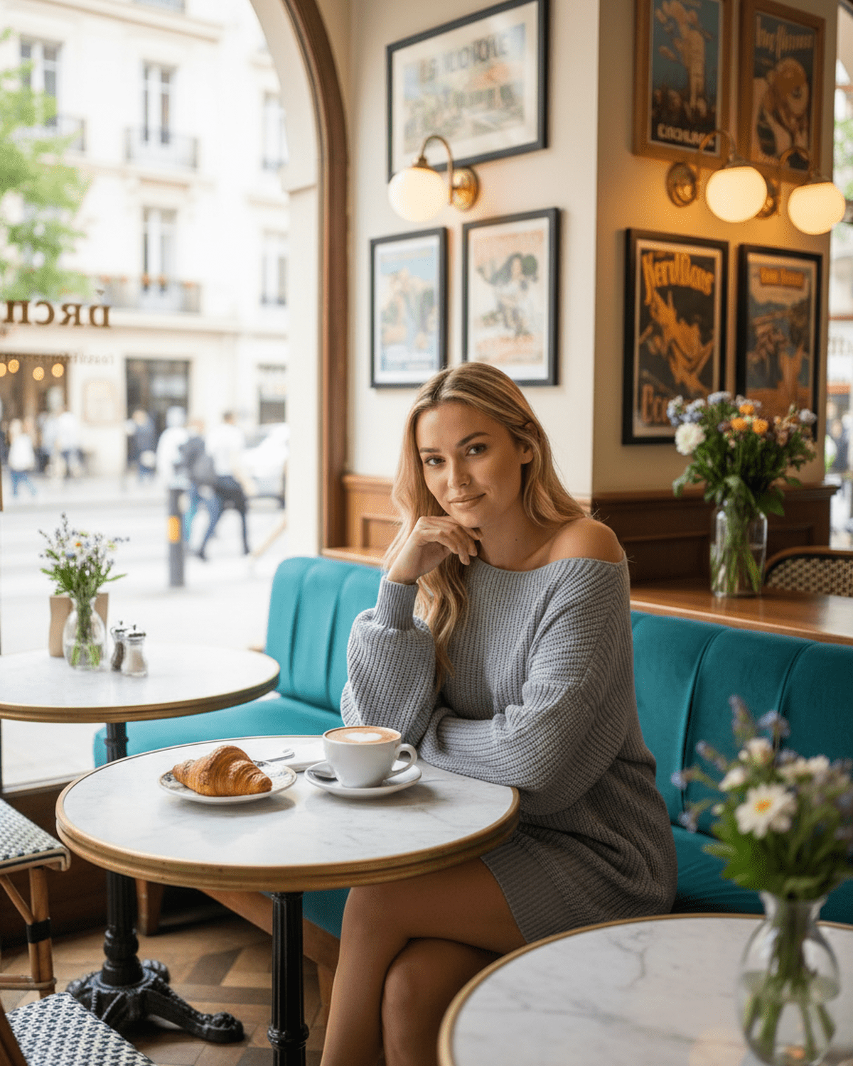 Woman in Glacier Mini Dress by Lauven sitting at a café table with a croissant and coffee.