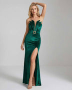 Celeste Maxi Dress by Lauven, green velvet gown with high slit and elegant design.