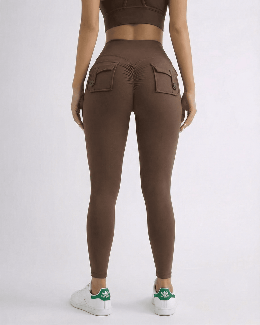 Back view of Hazel Leggings by Lauven, sleek brown high-waist leggings with stylish pockets.