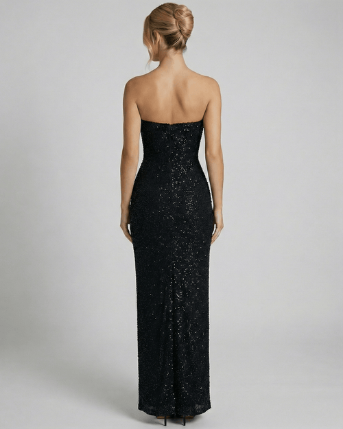 Back view of the Lauven Orion Maxi Dress showcasing its sleek bandeau silhouette and embellished detailing.