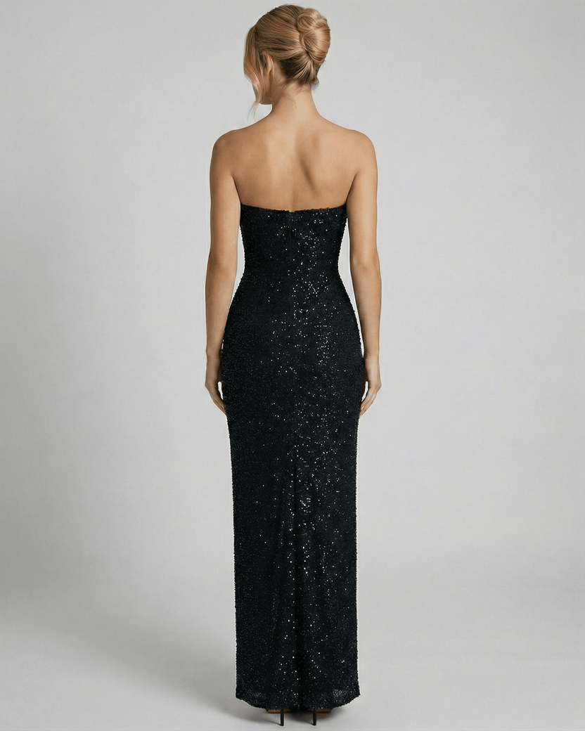 Back view of the Lauven Orion Maxi Dress showcasing its sleek bandeau silhouette and embellished detailing.