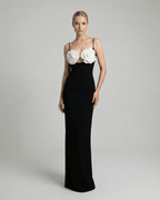 Celeste Maxi Dress by Lauven featuring floral embellished bust and sleek silhouette in black knit fabric.