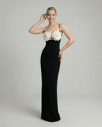 Celeste Maxi Dress by Lauven featuring floral embellished bust and sleek black knit silhouette.