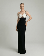 Celeste Maxi Dress by Lauven featuring floral embellished bust and sleek black silhouette.