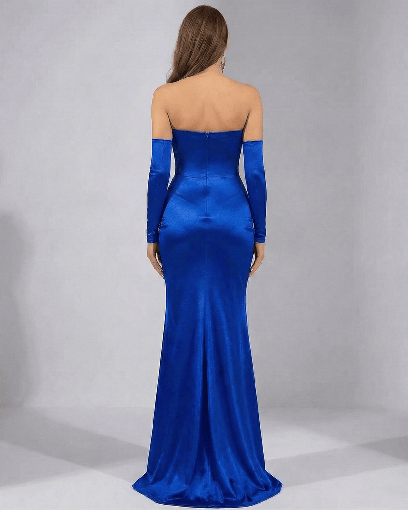 Celeste Maxi Dress by Lauven, showcasing the elegant back view of a royal blue satin evening gown.