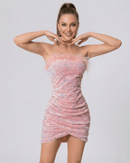 Celeste Mini Dress by Lauven featuring feather trim and sequins in soft pink velvet fabric.