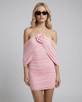 Lauven Camellia Mini Dress in Soft Pink with Halter Neckline and Fabric Flower Detail, perfect for summer occasions.