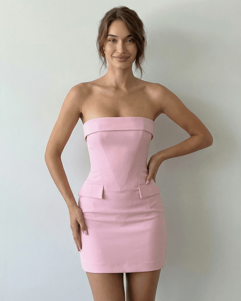 Lauven Orchid Mini Dress in elegant pink with strapless silhouette, perfect for luxury evening occasions.