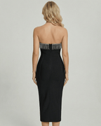 Orion Midi Dress by Lauven, showcasing elegant strapless design and stunning beaded V-neckline from the back.