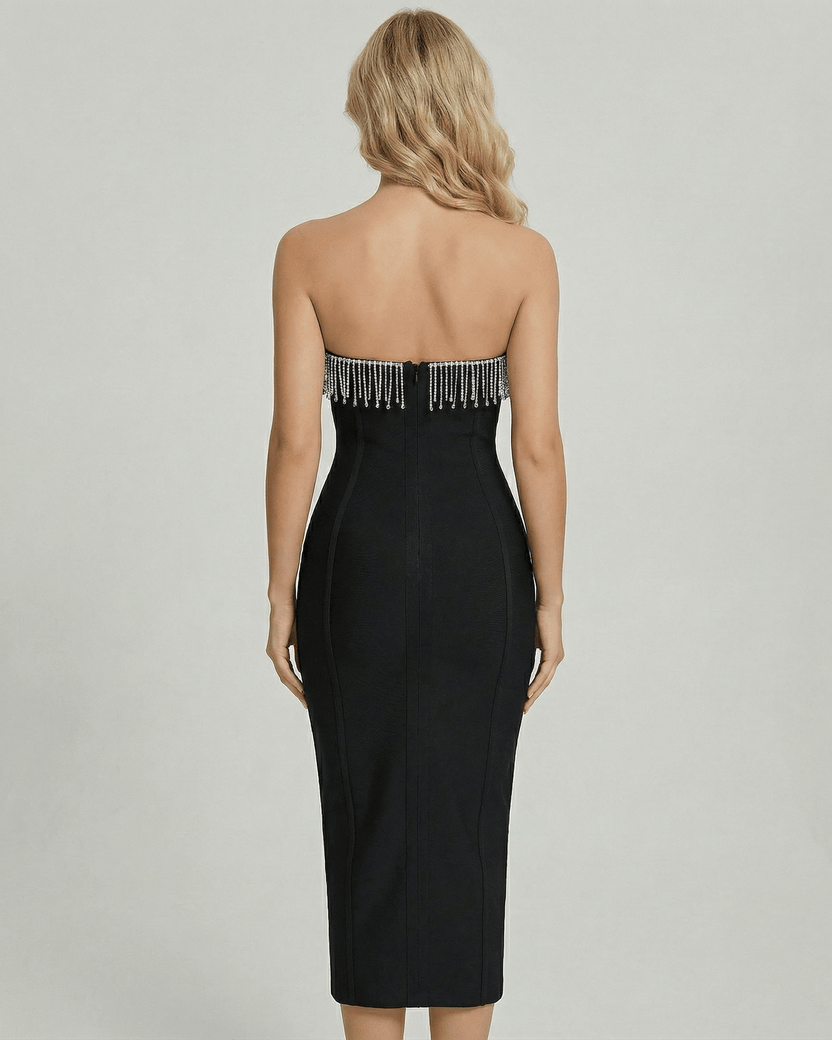 Orion Midi Dress by Lauven, showcasing elegant strapless design and stunning beaded V-neckline from the back.