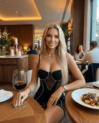 Woman wearing a Celeste Mini Dress with pearl-trimmed sheer panels, enjoying dinner in a stylish restaurant.