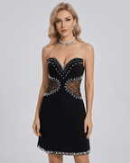 Luna Mini Dress by Lauven featuring elegant pearl embellishments and a strapless sweetheart neckline.