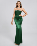 Celeste Maxi Dress by Lauven - Elegant green satin strapless maxi dress with fitted bodice.