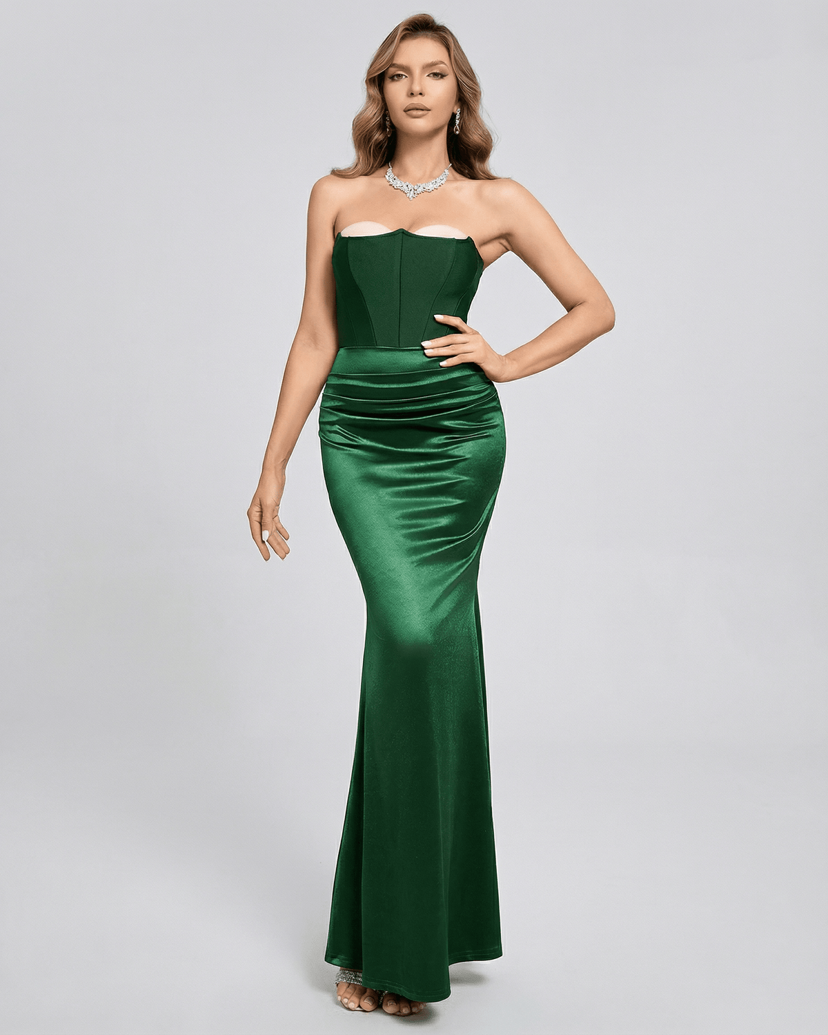 Celeste Maxi Dress by Lauven - Elegant green satin strapless maxi dress with fitted bodice.