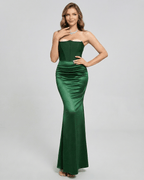 Celeste Maxi Dress by Lauven, elegant strapless green satin dress with a fitted bodice and sleek silhouette.