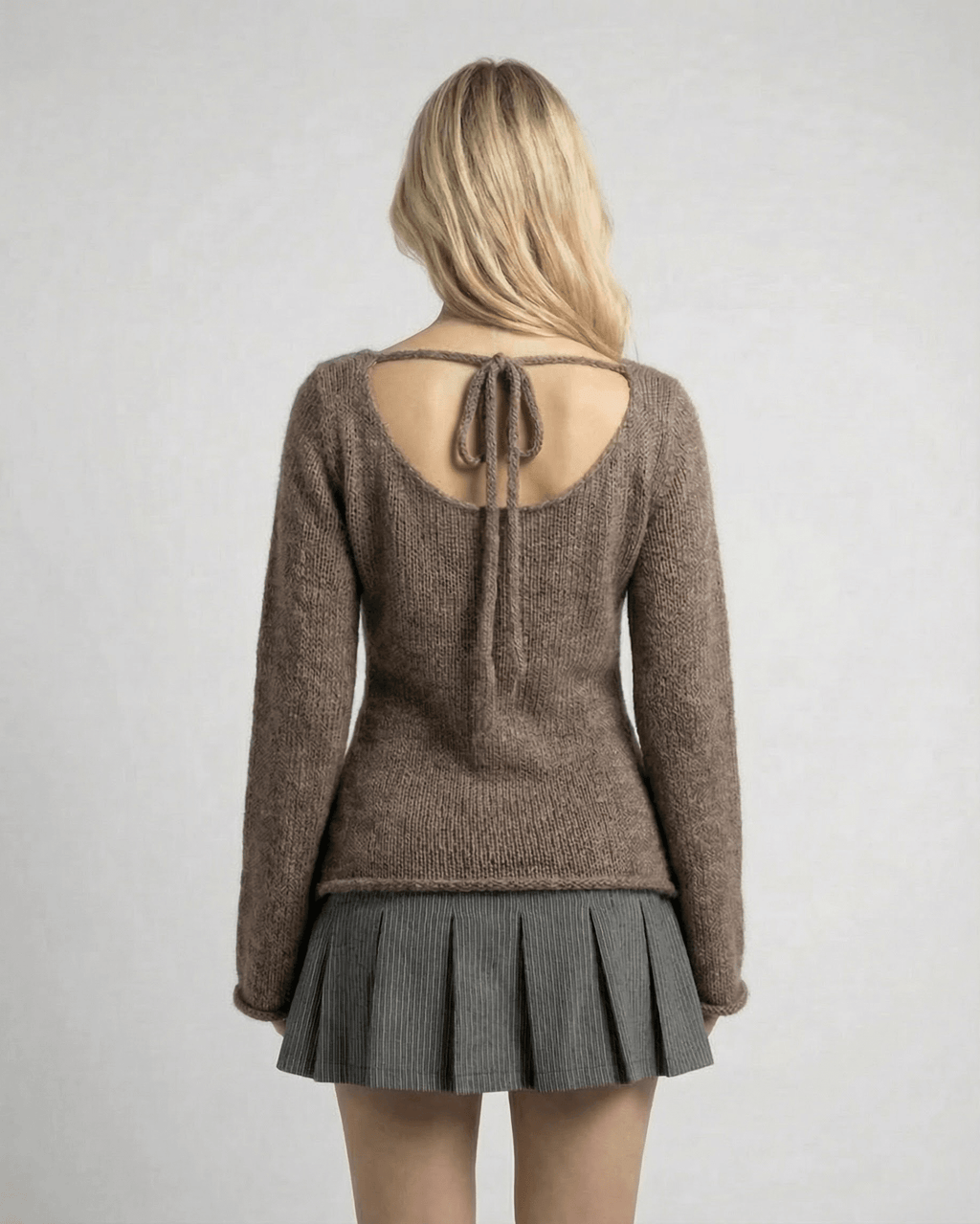 Sienna Sweater by Lauven - Women's brown knit sweater with flare sleeve and round neck from the back.