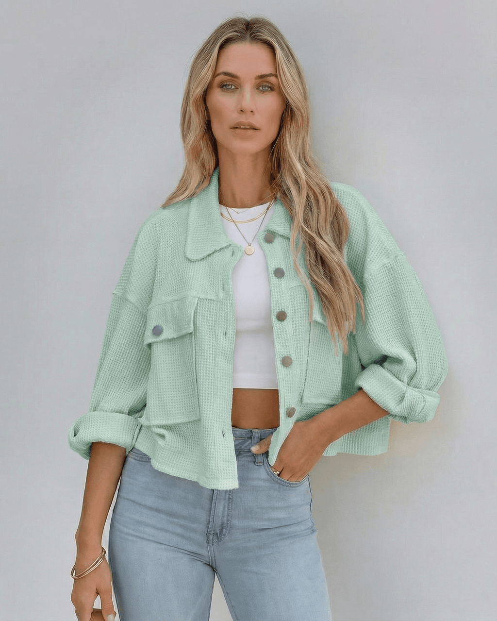 Elara Jacket by Lauven - Women’s mint green cropped jacket with oversized fit and textured woven finish.