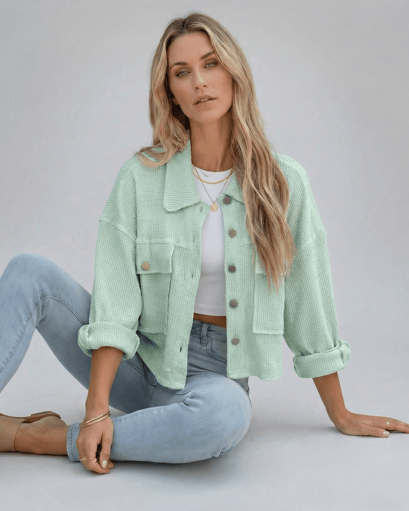 Elara Jacket by Lauven - Women’s mint green cropped jacket with oversized fit styled casually.