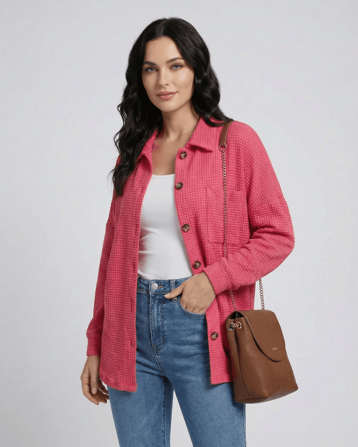 Verona Jacket by Lauven - Women's pink waffle knit jacket with longline fit and collared neck.