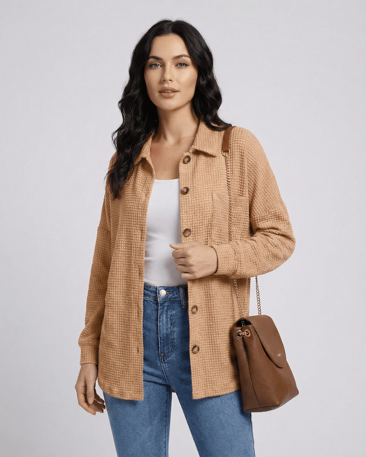 Sienna Jacket by Lauven – Women's beige waffle knit longline jacket for casual layering.