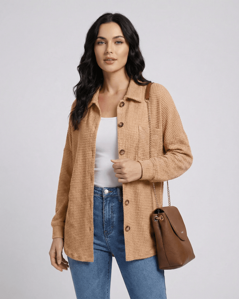 Sienna Jacket by Lauven – Women's beige waffle knit longline jacket for casual layering.