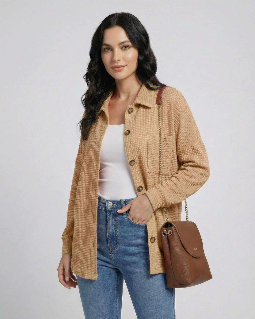 Sienna Jacket by Lauven - Women’s beige waffle knit longline jacket, perfect for casual layering.