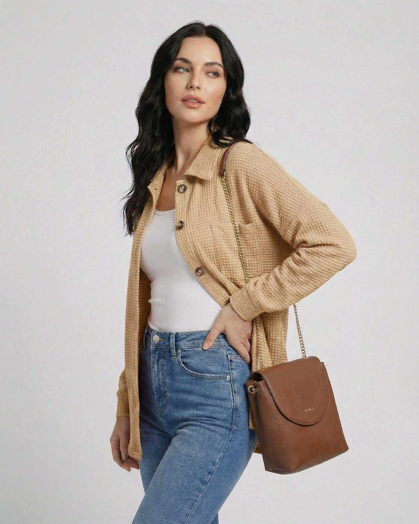 Sienna Jacket by Lauven – Women's beige waffle knit jacket, perfect for casual layering and sophisticated style.