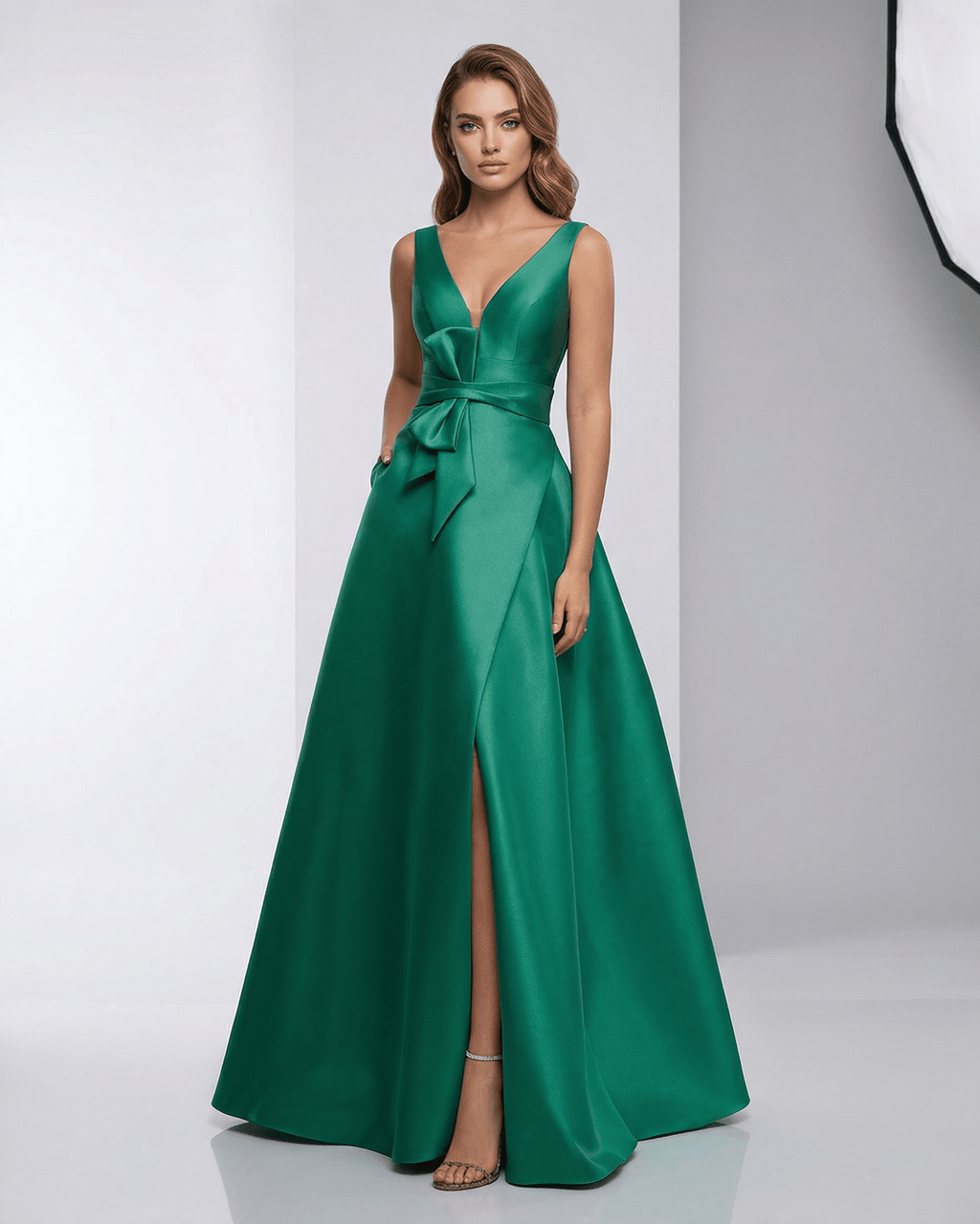 Siena Maxi Dress - Elegant green satin A-Line floor-length gown with V-neckline and statement bow by Lauven.