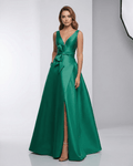 Siena Maxi Dress - Elegant green satin A-Line floor-length gown with V-neckline and statement bow by Lauven.