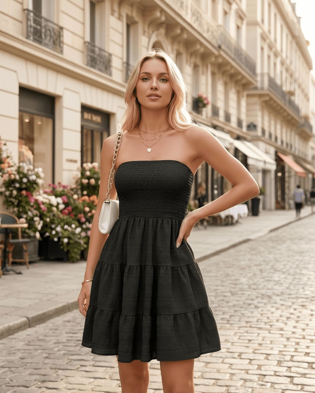 Elara Mini Dress by Lauven — polyester strapless tiered A-line mini dress