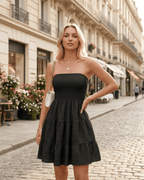 Elara Mini Dress by Lauven — polyester strapless tiered A-line mini dress