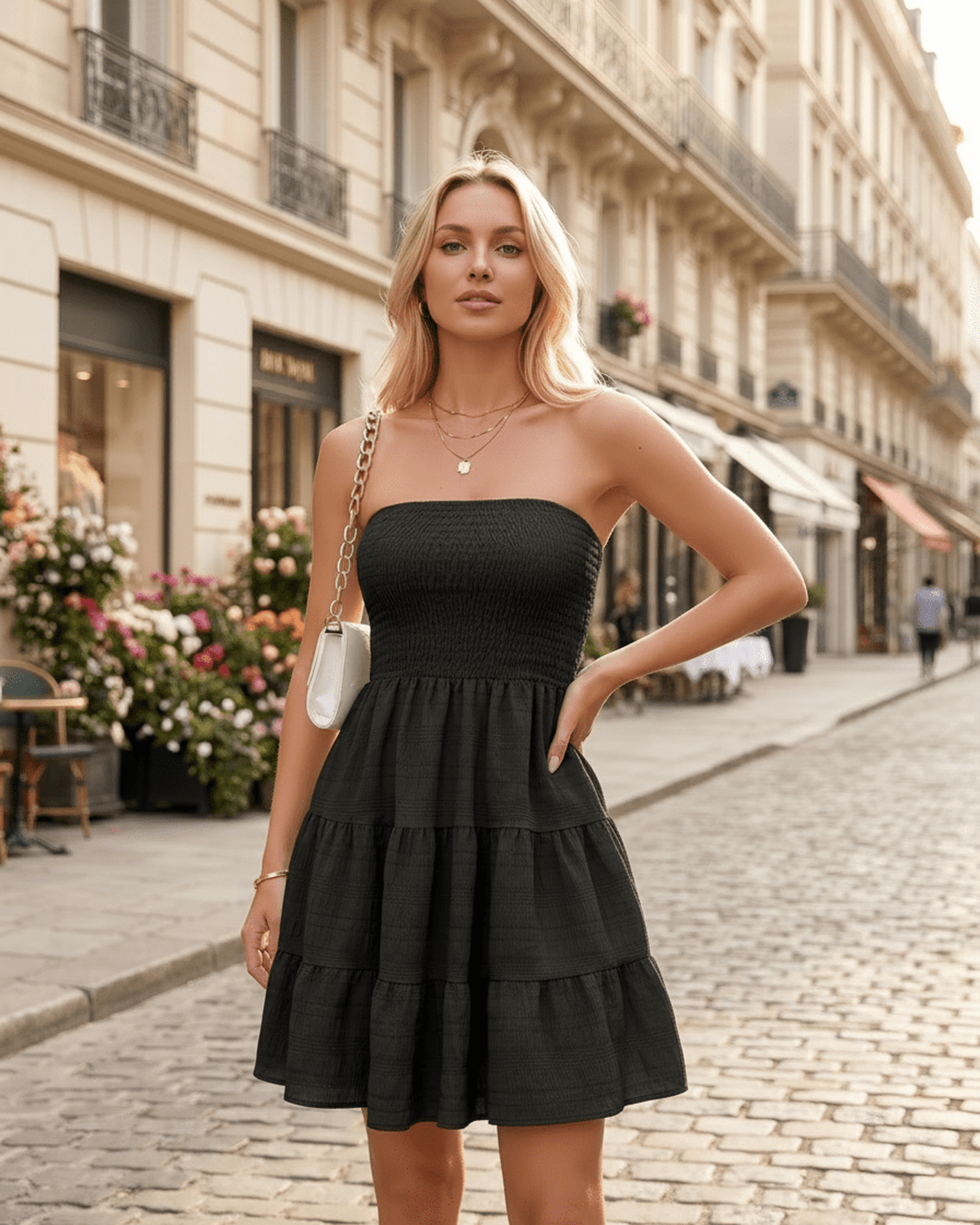 Elara Mini Dress by Lauven — polyester strapless tiered A-line mini dress