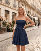 Elara Mini Dress by Lauven — polyester strapless tiered A-line mini dress