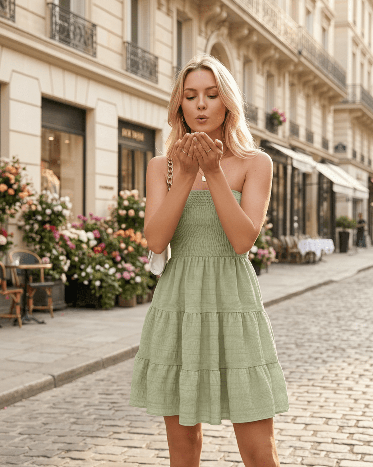 Elara Mini Dress by Lauven — polyester strapless tiered A-line mini dress