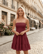 Elara Mini Dress by Lauven — polyester strapless tiered A-line mini dress