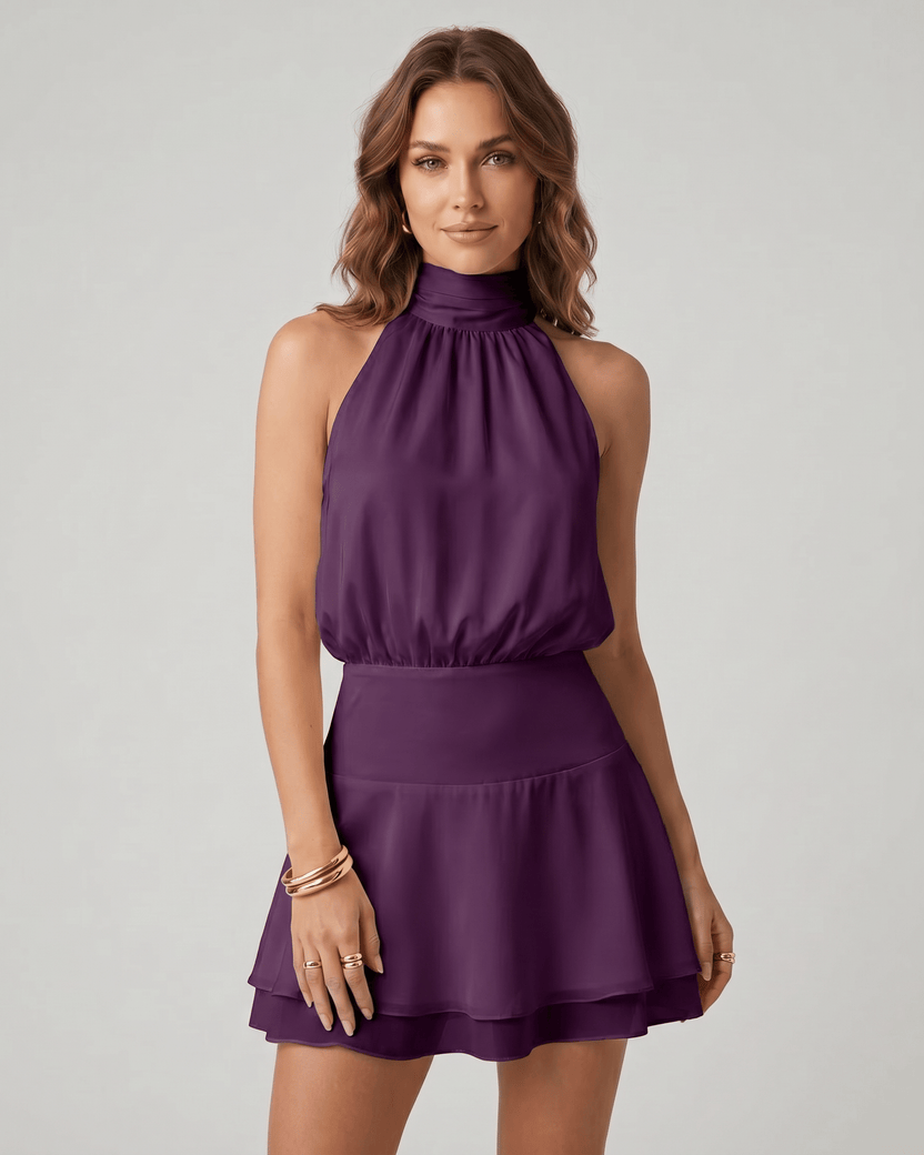 Aurelia Mini Dress by Lauven — purple chiffon sleeveless halter A-line mini dress
