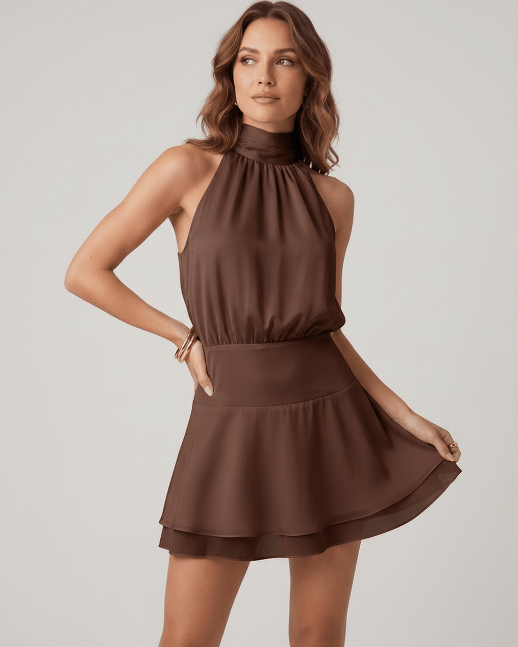 Aurelia Mini Dress by Lauven — chiffon sleeveless halter A-line mini dress