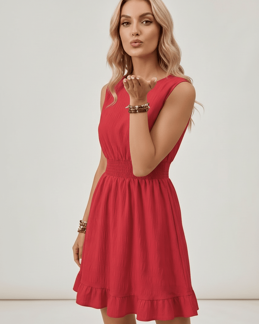 Lunara Mini Dress by Lauven — polyester sleeveless round neck A-line mini dress with smocked waist and ruffle hem