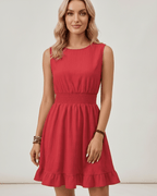 Lunara Mini Dress by Lauven — polyester sleeveless round neck A-line mini dress with smocked waist and ruffle hem