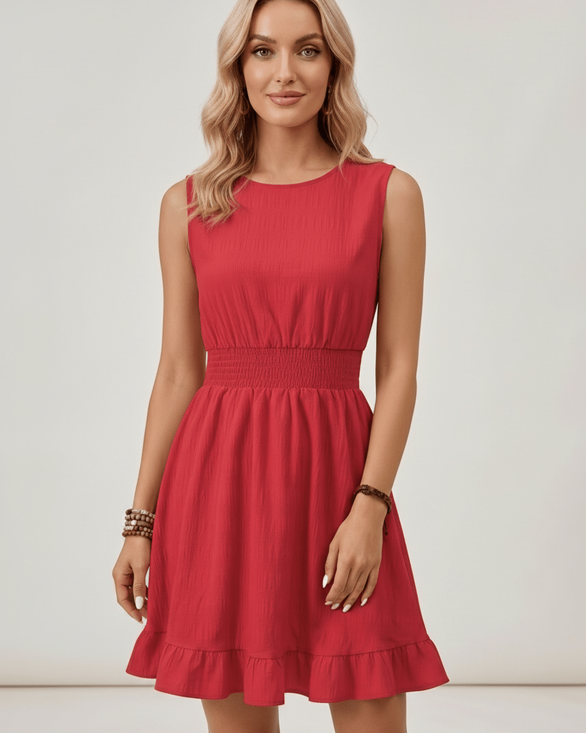 Lunara Mini Dress by Lauven — polyester sleeveless round neck A-line mini dress with smocked waist and ruffle hem