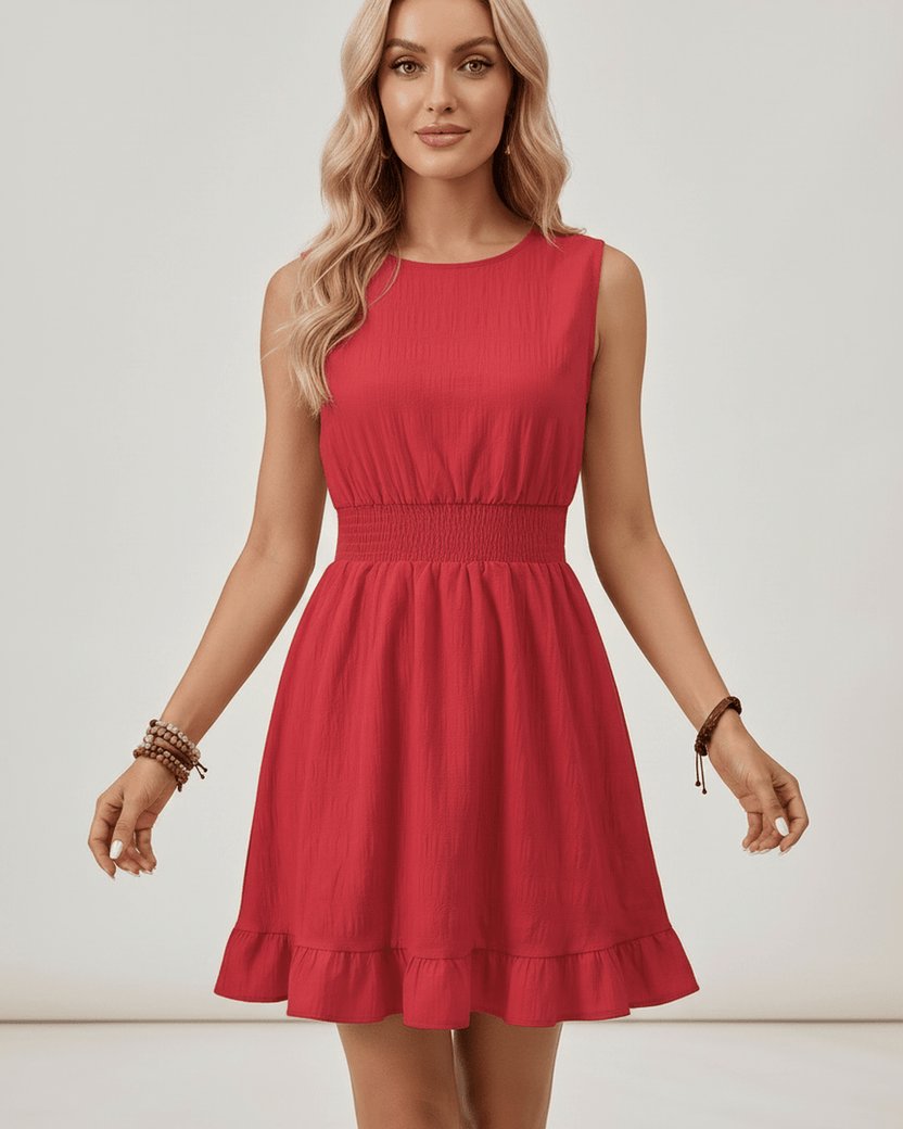 Lunara Mini Dress by Lauven — polyester sleeveless round neck A-line mini dress with smocked waist and ruffle hem