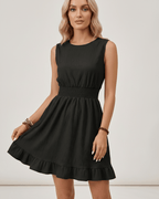Lunara Mini Dress by Lauven — polyester sleeveless round neck A-line mini dress with smocked waist and ruffle hem