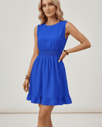 Lunara Mini Dress by Lauven — polyester sleeveless round neck A-line mini dress with smocked waist and ruffle hem