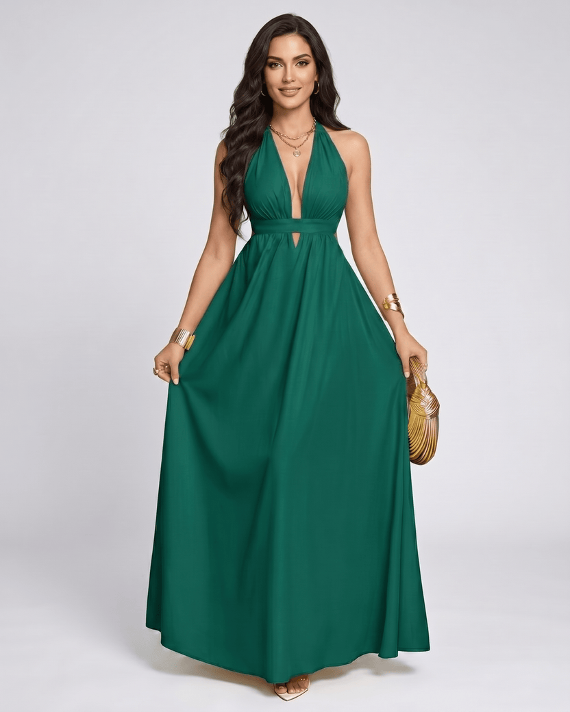 Solara Maxi Dress by Lauven — green chiffon sleeveless halter V-neck A-line maxi dress