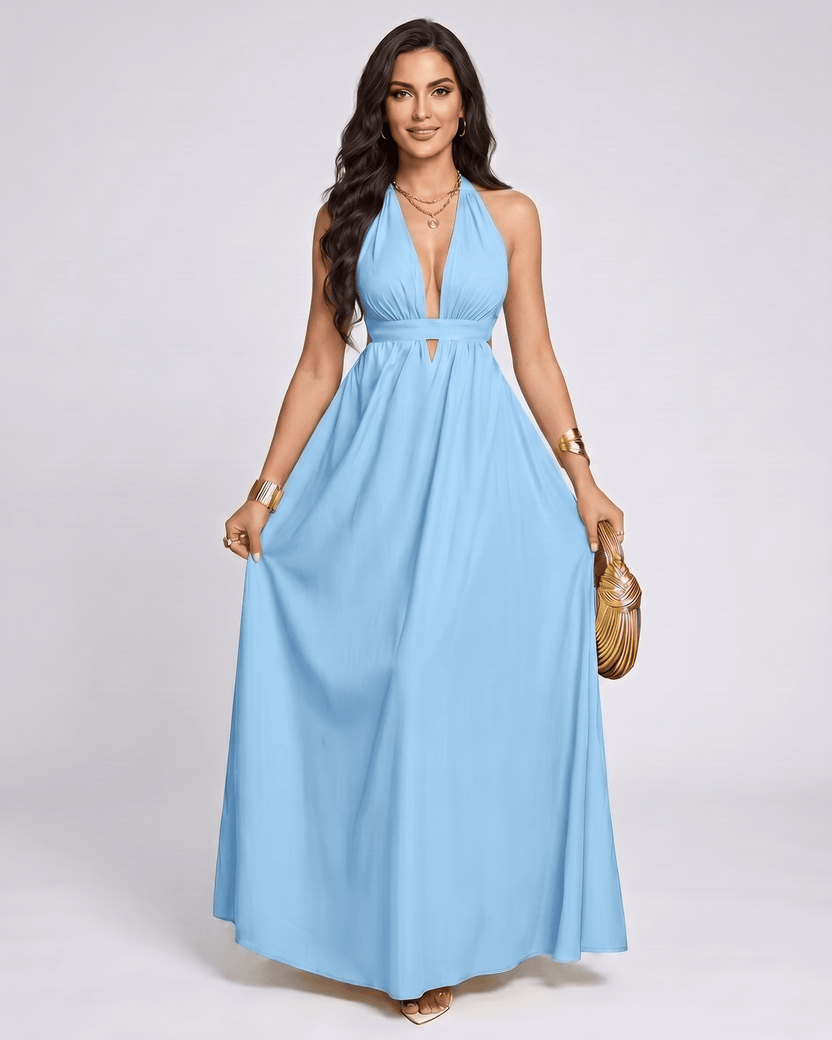 Solara Maxi Dress by Lauven — blue chiffon sleeveless halter V-neck A-line maxi dress