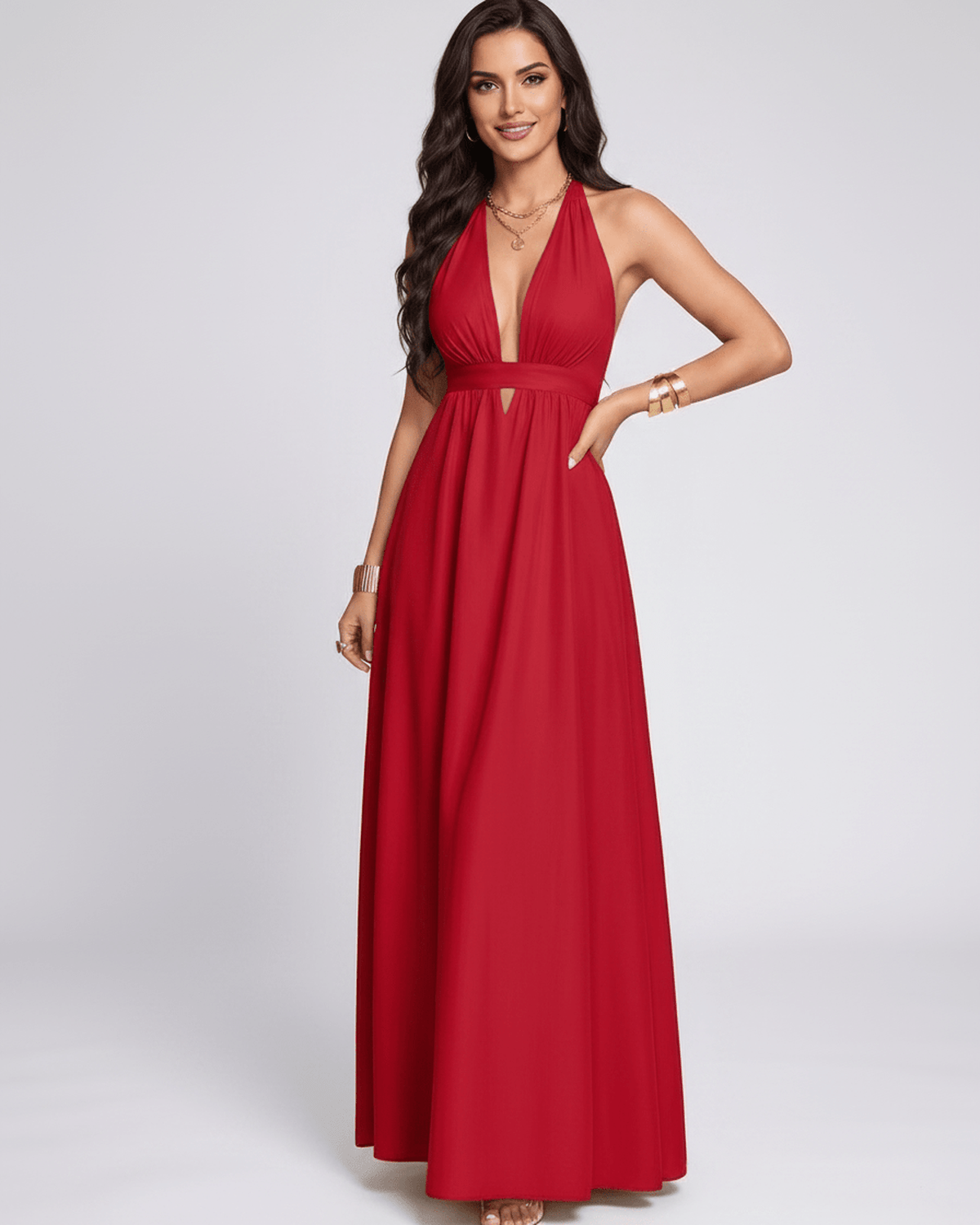 Solara Maxi Dress by Lauven — chiffon sleeveless halter V-neck A-line maxi dress
