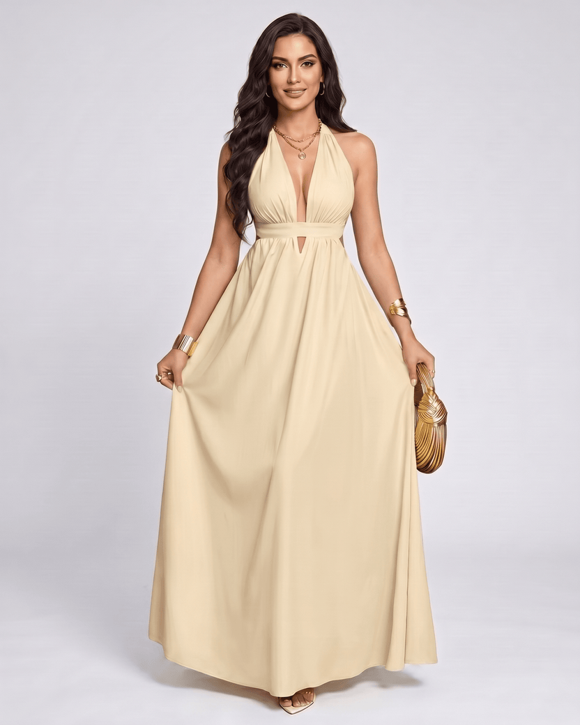 Solara Maxi Dress by Lauven — beige chiffon sleeveless halter V-neck A-line maxi dress