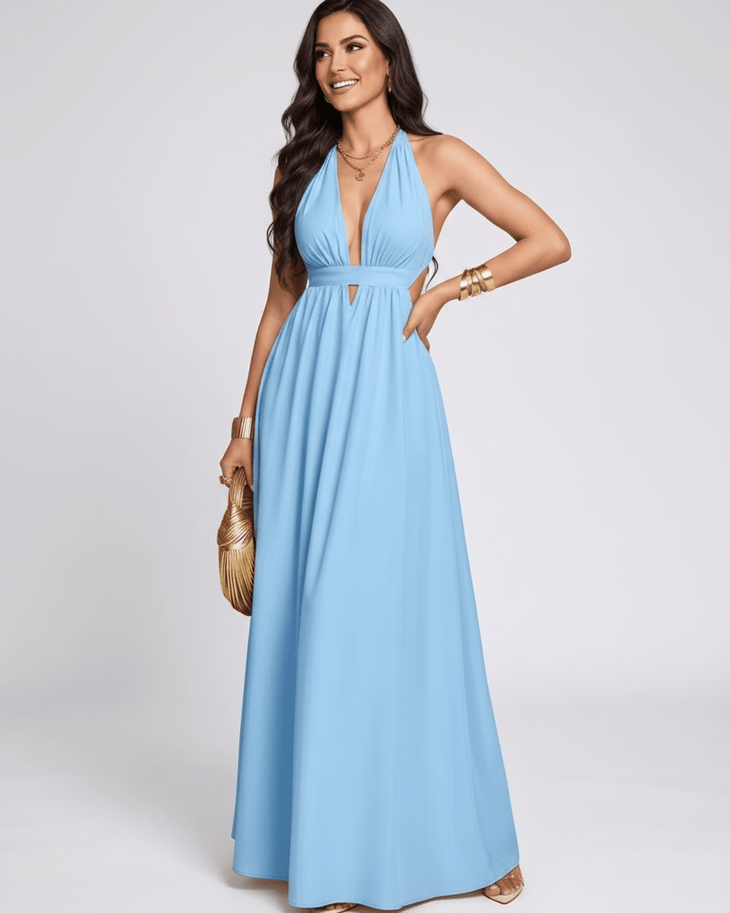 Solara Maxi Dress by Lauven — chiffon sleeveless halter V-neck A-line maxi dress
