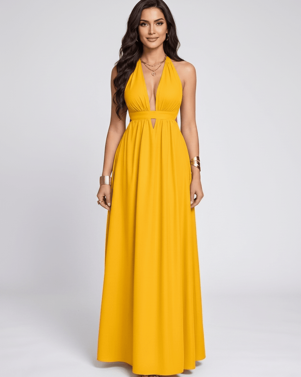 Solara Maxi Dress by Lauven — chiffon sleeveless halter V-neck A-line maxi dress